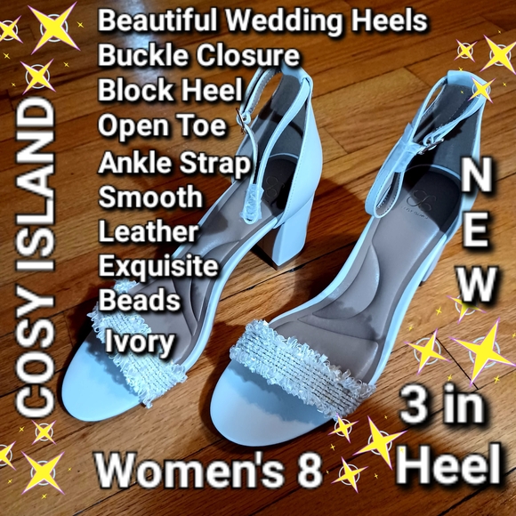 Beaded Ivory Block Heels Women'a Size 8 - Picture 1 of 7